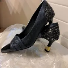 ラメパンプス　　グリッター　パーティー　ネイビー　38 　Ｌ　新品未使用