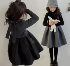 リボン付きフレアワンピース（ブラック・グレー）