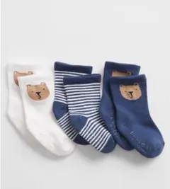 ベビー靴下 ネイビー ストライプ クマ刺繍