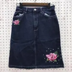 Y2K ロマンティックグランジ 古着 薔薇刺繍 スタッズ デニムタイトスカート
