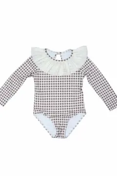 チェック柄フリル襟長袖水着