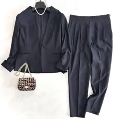 グリーンレーベルリラクシング ノーカラーセットアップ パンツスーツ 38 濃紺