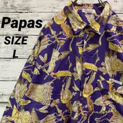 【好配色】90s Papas パパス 総柄 長袖シャツ アロハ ヴィンテージ Lのサムネイル