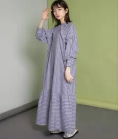 KBFストライプ フリル付き ロングシャツワンピース