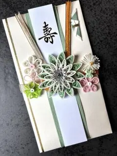 ご祝儀袋　ペーパークイリング　ハンドメイド　リメイク　黄緑　ピンク　御祝儀袋