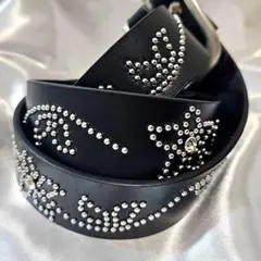 新品 スタッズベルト アメカジ ウエスタン クリアストーン 花柄 男女兼用