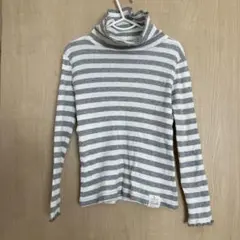 タートルネック長袖カットソー 120cm グレーと白のストライプ