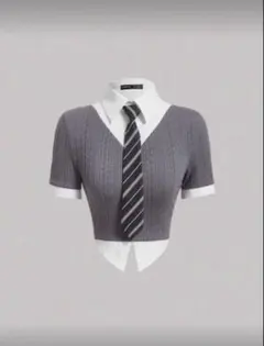 ダークグレー 半袖ニットセーター