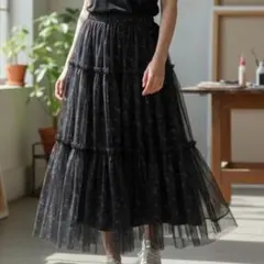 美品 ジーユー GU フレアスカート S 黒 花柄 ゴムウエスト 大人可愛い