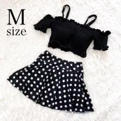 オフショル水着♡ワイヤー入りビキニ 上下セット スカート 黒 ドット 美品 M