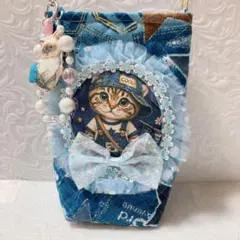 パネルデニム猫ちゃんサコシュ　コヤンイサムチョン　デニムキルト&チュールレース