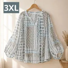 エスニック 花柄 ブラウス 3XL 大きいサイズ 総柄 ゆったり バルーン袖