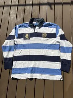 POLO ラガーシャツ 長袖 ボーダー 刺繍 ワッペン 青×白