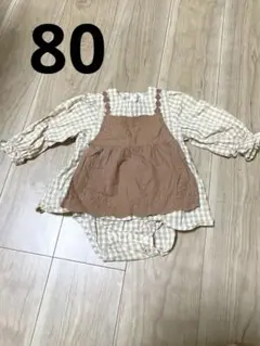 刺繍チェックロンパース　　tete a tete バースデイ　長袖　80