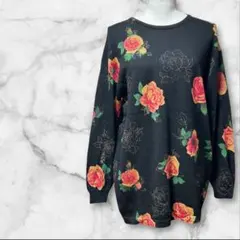 美品✨花柄ニット セーター　黒　バラ柄　薔薇　オーバーサイズ　薄手　身幅52