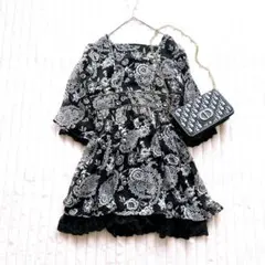 イマージュ　五分袖膝丈ワンピース　チュニック　M 黒　花柄　レース　フリル