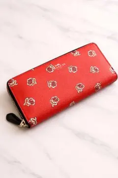 COACH ラウンドファスナー長財布 朱色小花柄　コーチ