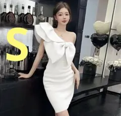 キャバドレス・ワンショルダー・リボン・ドレス・ワンピース・セクシー・白・S・上品