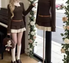 miu系穿搭 長袖ワンピース　ニットワンピース　ワンホン　量産型 秋冬 茶色