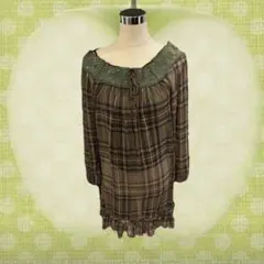 森ガール フェアリーグランジ チェック チュニック 長袖ワンピース 茶色