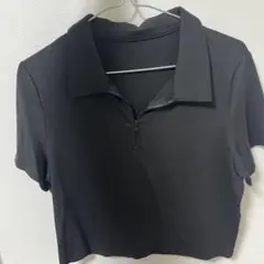 ブラック クロップド ハーフジップポロシャツ 半袖