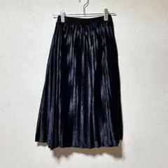 merlot ベロア黒プリーツスカート レディース ウエストゴム厚手上品コーデ