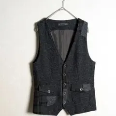 ベスト　ツイード　ヘリンボーン　チェック　パルムドール　異素材貼り合わせ　古着