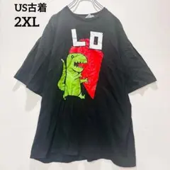 US古着 半袖Tシャツ デルタ アメリカ古着 恐竜 綿100% ブラック 2XL