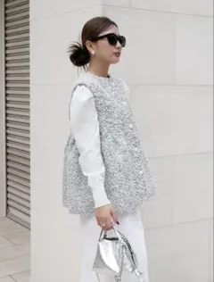 リボンツイードペプラムベスト　ホワイト