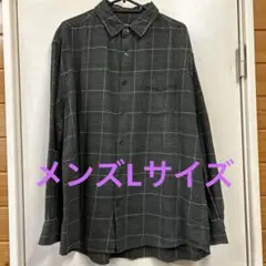 チェック柄長袖シャツ　メンズLサイズ　グレー系