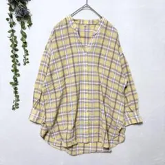 J2055フロイデ✤わけ有✤七分袖チュニックシャツM〜L相当ゆったり黄色チェック
