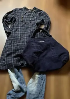 45rpm. ネイビーグレー チェック柄 ワンピース　チュニック