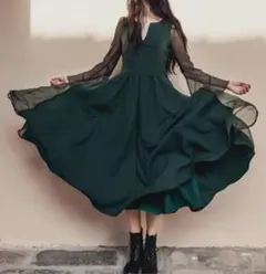 ダークグリーン フレアスリーブ ロングシフォンドレス