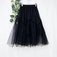 美品✨ チュール ティアード スカート ブラック フレア レース 透け感 上品のサムネイル