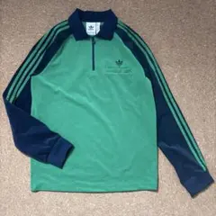adidas 長袖　ポロシャツ　ベロア　ハーフジップ　刺繍ロゴ 緑〈214〉