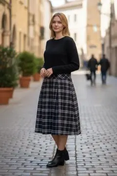 M975☆UNTITLED黒・チェック柄ウエスト切替ワンピース