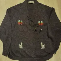 ペルー製 ウールアルパカ混 ニットセーター ポンポンリボン ミックスカラー