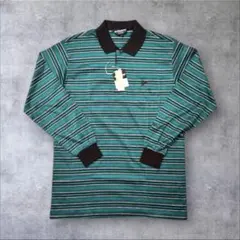 グリーン ボーダー 長袖ポロシャツ マルチストライプ 古着 レトロ ストリート系