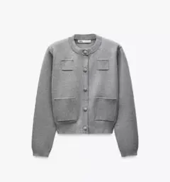 ZARA プレーンニットジャケット　パデッドショルダー　グレー　カーディガン