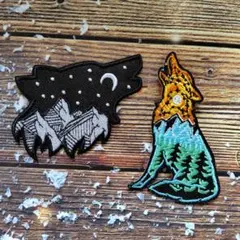 星空 月 山 オオカミ 狼 おおかみ ウルフ 刺繍 アイロンワッペン