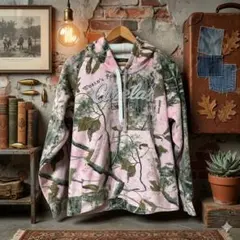 古着アメカジビンテージリアルツリー ピンクカモ 刺繍ロゴ スウェットパーカーL