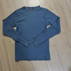 リブ編みフリルネック長袖Tシャツ Lサイズ ブルー