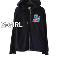 X-GIRL フード付き スエット ジップアップパーカー ブランドロゴワッペン付