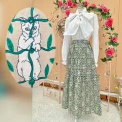 【猫柄♡】　フレアスカート ロング丈 ベージュ　キャット　マミタスのサムネイル