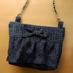 ツイード調 ショルダーバッグ ブラック リボン★ハンドメイド★