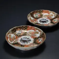 伊万里金襴手花に鳥籠図小皿2枚 ∅11cm　古伊万里　通りものR1356w2ダF