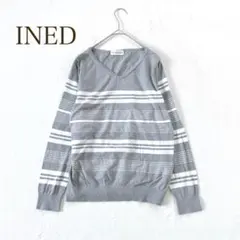 イネド長袖カットソー　ランダムボーダー　Ｖネック　カジュアル　バイカラー