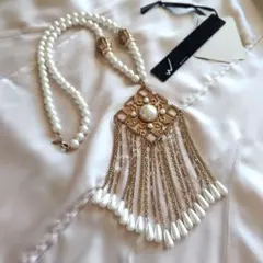 ムルーア アールデコ フリンジチェーン パール ビジュー ゴールド ネックレス