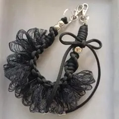 ストラップ　ハンドストラップ　スマホストラップ　黒 レース　リボン　フリル