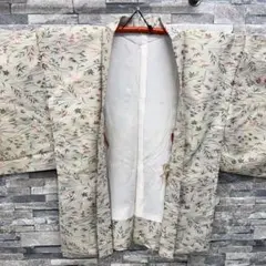 着物羽織 生成り色 紅葉 笹 草花模様 レトロ正絹和装 道行コート アイボリー